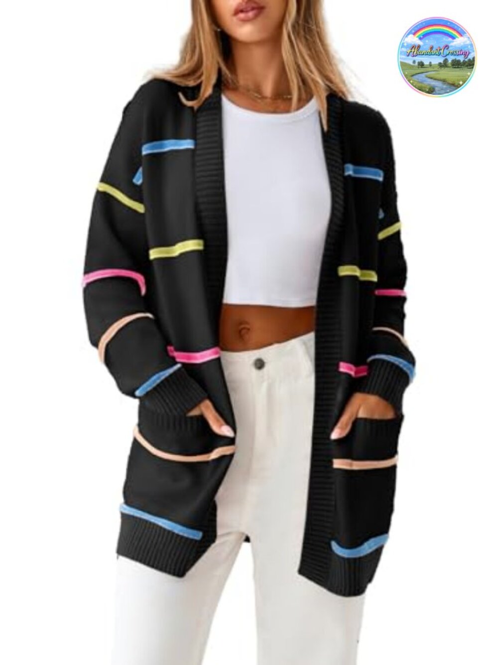 Sidefeel Open Front Striped Cardigan Sweater Womens Casual Loose Fit